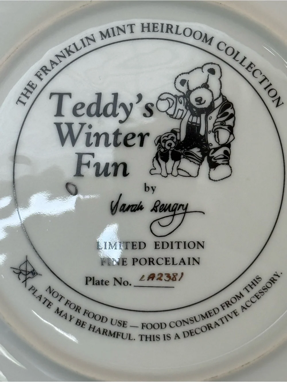 Franklin Mint Teddy’s Winter Fun Limited Edition Porcelain Collector Plate
